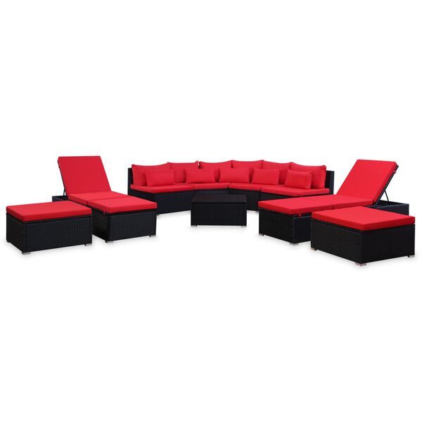 vidaXL 9-tlg. Garten-Sofagarnitur mit Kissen Rot Poly Rattan