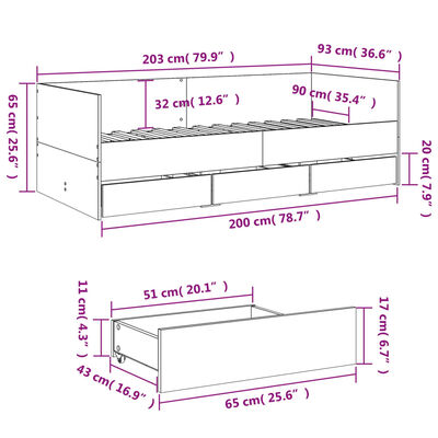 vidaXL Tagesbett mit Schubladen Sonoma-Eiche 90x200 cm Holzwerkstoff