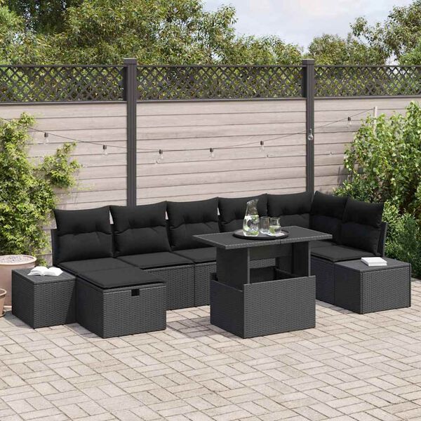 vidaXL Garten-Sofa-Set mit Kissen 8 pcs Schwarz Poly Rattan
