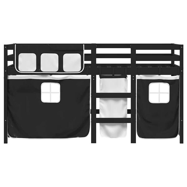 vidaXL Kinderhochbett mit Vorh&auml;ngen Wei&szlig; Schwarz 90x190 cm Kiefernholz