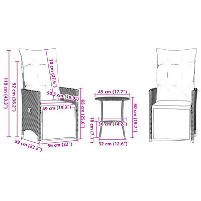 vidaXL 3-tlg. Bistro-Set mit Kissen Braun Poly Rattan