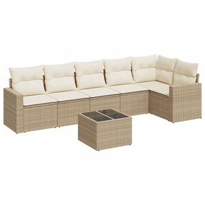vidaXL 7-tlg. Garten-Sofagarnitur mit Kissen Beige Poly Rattan