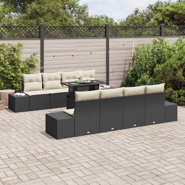 vidaXL Gartensofa-set mit Kissen mit Speicher 9 pcs Schwarz und Creme