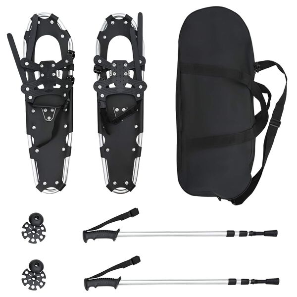 vidaXL 3 in 1 Schneeschuhe mit Wanderst&ouml;cken Silber und Schwarz