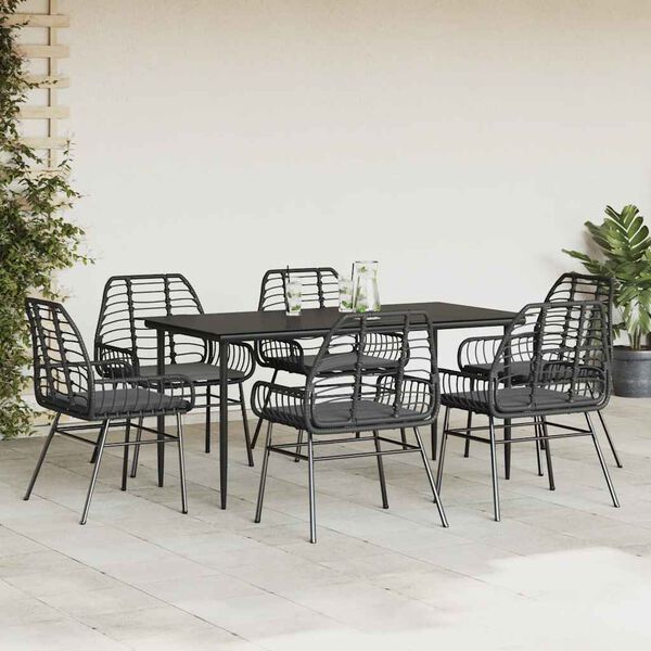 vidaXL 7-tlg. Garten-Essgruppe mit Kissen Schwarz Poly Rattan Glas
