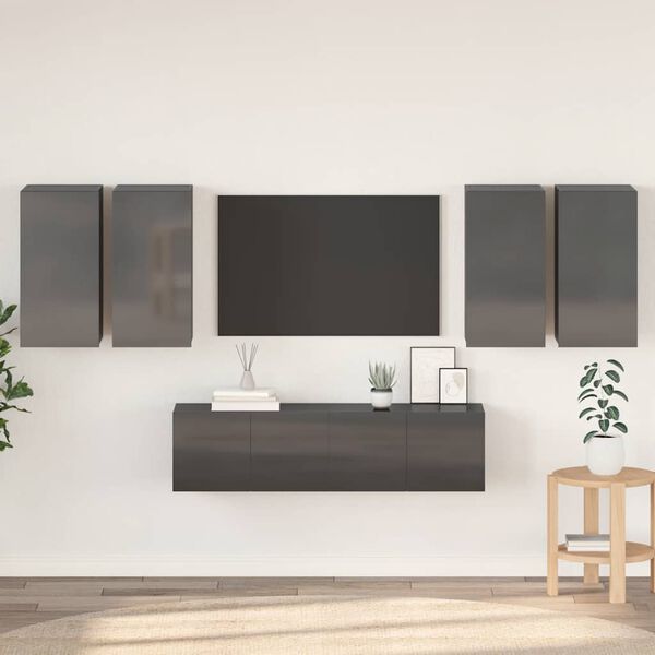 vidaXL 6-tlg. TV-Schrank-Set Hochglanz-Grau Holzwerkstoff