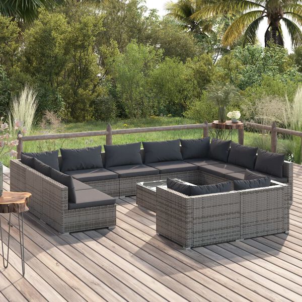 vidaXL 12-tlg. Garten-Lounge-Set mit Kissen Grau Poly Rattan