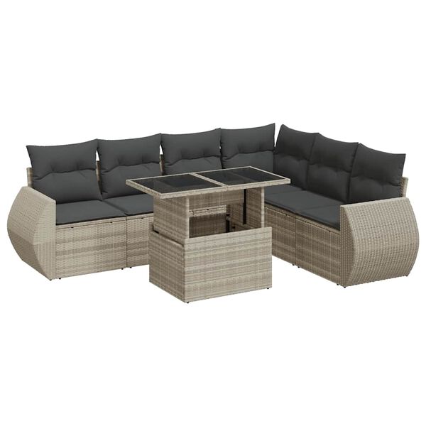 vidaXL 7-tlg. Garten-Sofagarnitur mit Kissen Hellgrau Poly Rattan