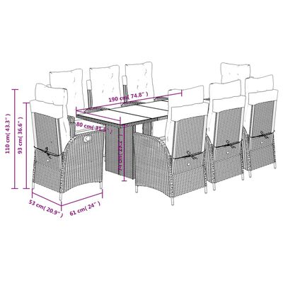 vidaXL 9-tlg. Garten-Essgruppe mit Kissen Braun Poly Rattan