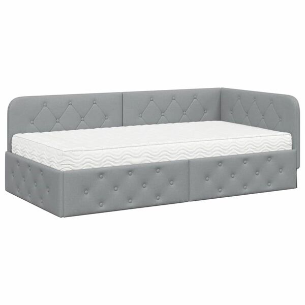 vidaXL Eckbettgestell mit Matratze Hellgrau 90 x 190 cm Stoff