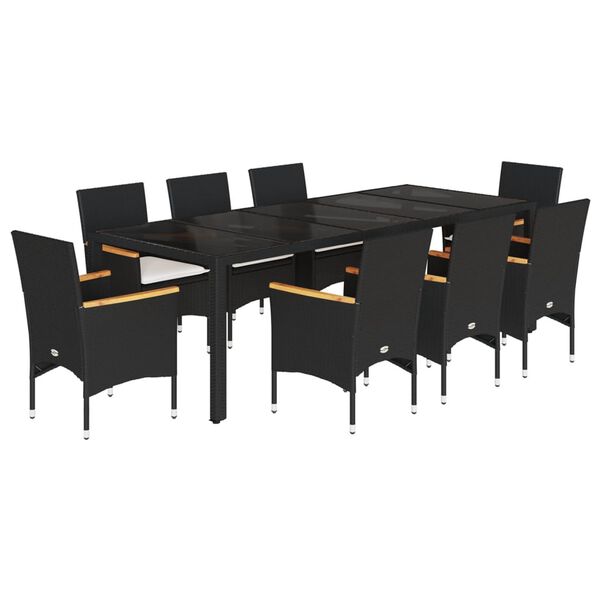 vidaXL 9-tlg. Garten-Essgruppe mit Kissen Schwarz Poly Rattan und Glas