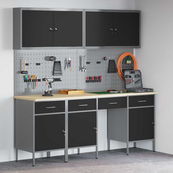 vidaXL Werkbank mit Schubladen 10 pcs Schwarz 200 x 55 x 200 cm Stahl