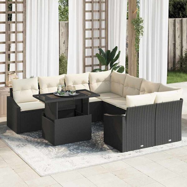 vidaXL Gartensofa-set mit Kissen 9 pcs Schwarz und Creme Poly-Rattan