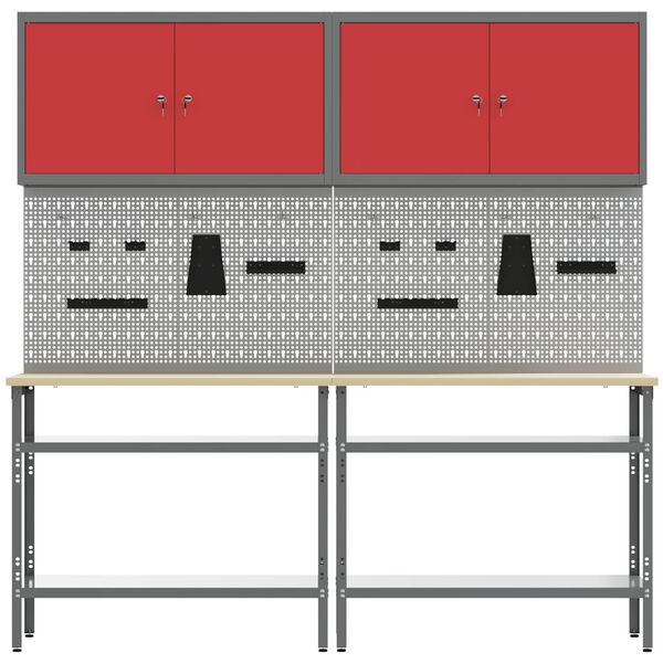 vidaXL Werkbank-Set 8 pcs Rot und Grau Pulverbeschichteter Stahl