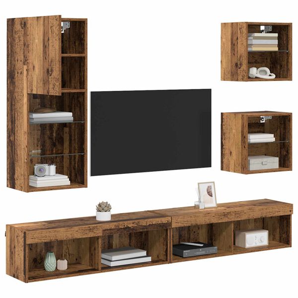 vidaXL TV Wand Einheiten mit LED 5 pcs Altholz Holzwerkstoff