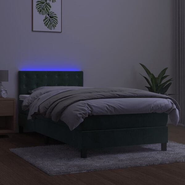 vidaXL Boxspringbett mit Matratze & LED Dunkelgr&uuml;n 90x200 cm Samt