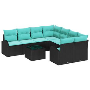 vidaXL Sofa Set 9 stk. 8-Sitzanzahl Schwarz und T&uuml;rkis Poly-Rattan