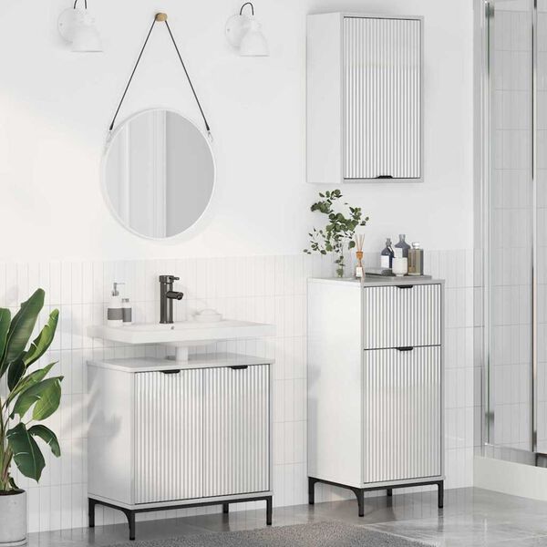 vidaXL Badezimmerm&ouml;bel Set mit T&uuml;r 3 pcs Hochglanz-Wei&szlig; Holzwerkstoff