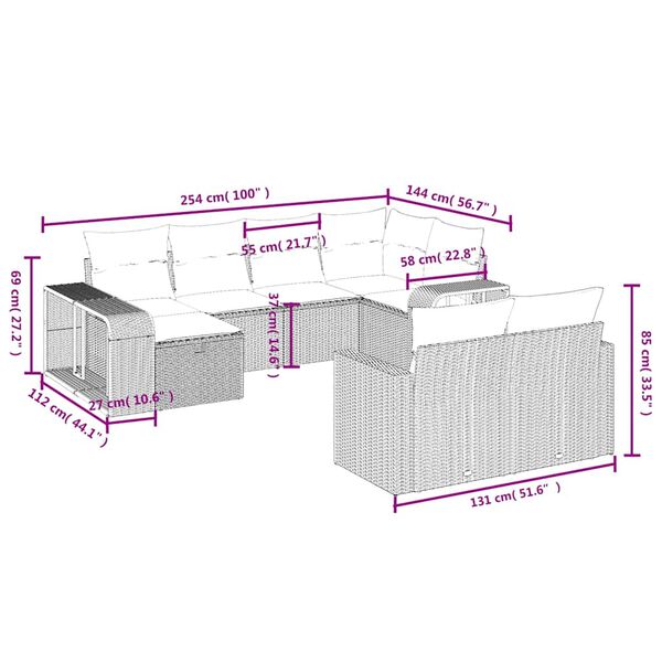 vidaXL 10-tlg. Garten-Sofagarnitur mit Kissen Braun Poly Rattan