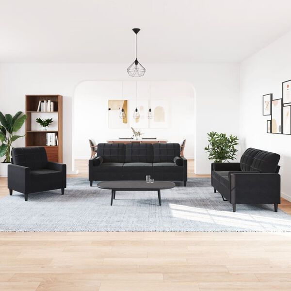 vidaXL 3-tlg. Sofagarnitur mit Kissen und Nackenrollen Schwarz Samt