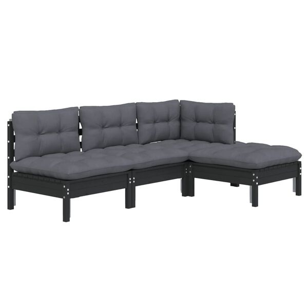 vidaXL 4-tlg. Garten-Lounge-Set mit Kissen Schwarz Kiefernholz
