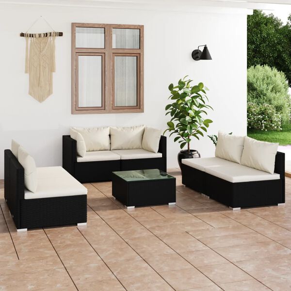 vidaXL 7-tlg. Garten-Lounge-Set mit Kissen Poly Rattan Schwarz