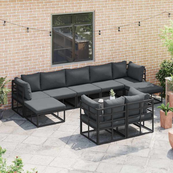 vidaXL Garten-Sofa-Set mit Kissen 10 pcs Schwarz Aluminium