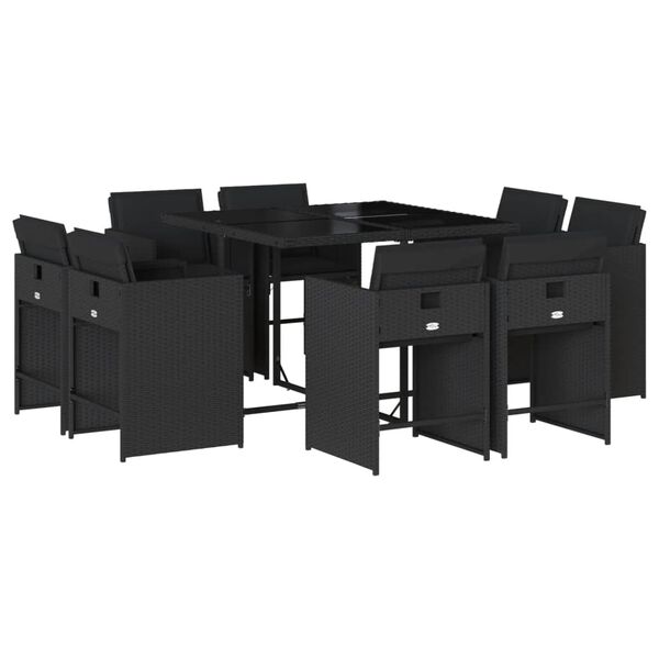 vidaXL 9-tlg. Garten-Essgruppe mit Kissen Schwarz Poly Rattan