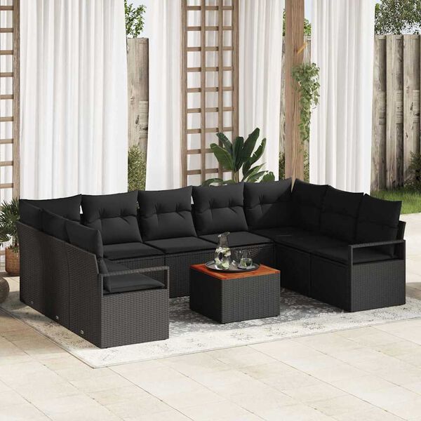 vidaXL Garten-Sofa-Set mit Kissen 10 pcs Schwarz Poly Rattan