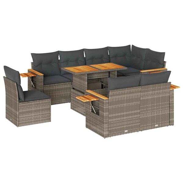 vidaXL 9-tlg. Garten-Sofagarnitur mit Kissen Grau Poly Rattan Akazie