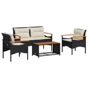 vidaXL 4-tlg. Garten-Sofagarnitur mit Kissen Schwarz Poly Rattan
