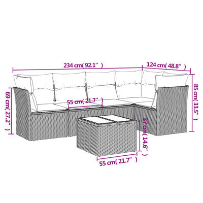 vidaXL 6-tlg. Garten-Sofagarnitur mit Kissen Beige Poly Rattan