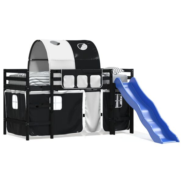 vidaXL Kinderhochbett mit Tunnel Wei&szlig; & Schwarz 90x200 cm Kiefernholz