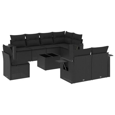 vidaXL 9-tlg. Garten-Sofagarnitur mit Kissen Schwarz Poly Rattan