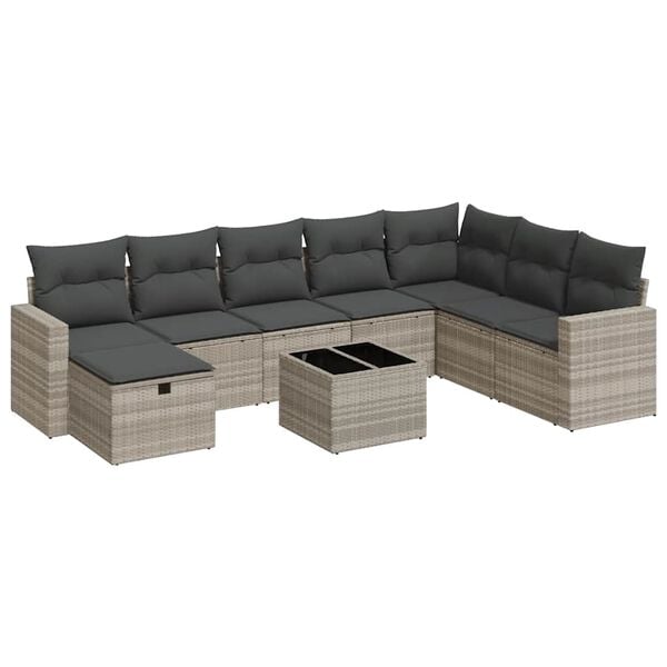 vidaXL 9-tlg. Garten-Sofagarnitur mit Kissen Hellgrau Poly Rattan