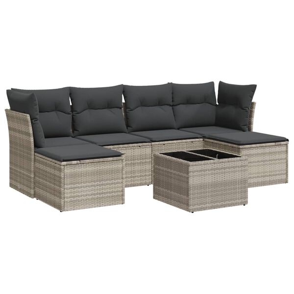 vidaXL 7-tlg. Garten-Sofagarnitur mit Kissen Hellgrau Poly Rattan