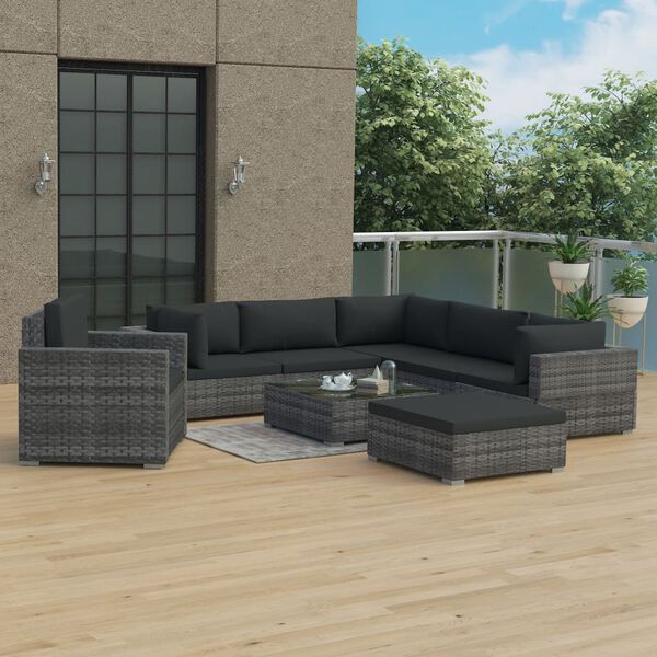 vidaXL 8-tlg. Garten-Lounge-Set mit Auflagen Poly Rattan Grau