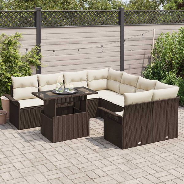 vidaXL Gartensofa-set mit Kissen mit Speicher 9 pcs Braun Poly Rattan