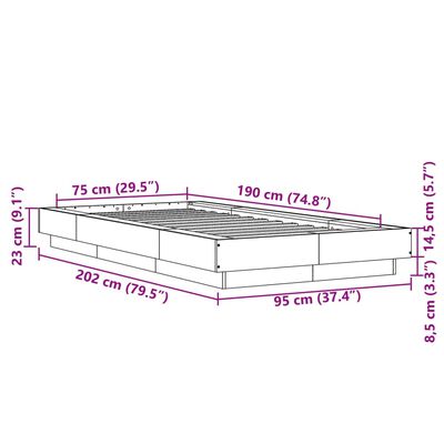 vidaXL Bettgestell mit LED Betongrau 75x190 cm Holzwerkstoff