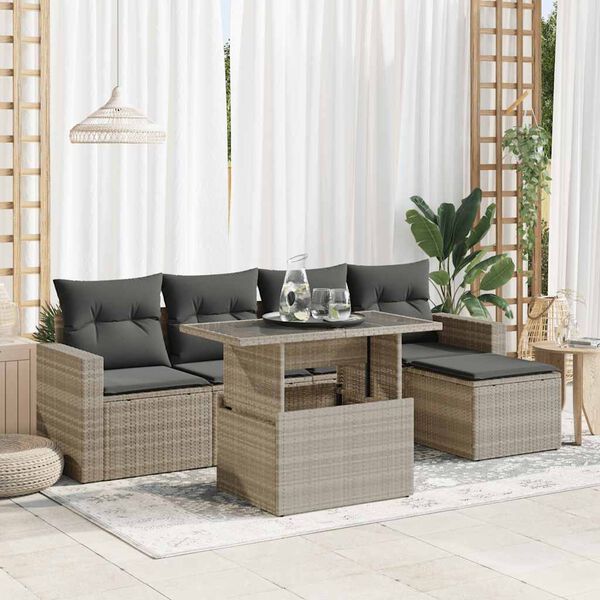 vidaXL 6-tlg. Garten-Sofagarnitur mit Kissen Hellgrau Poly Rattan