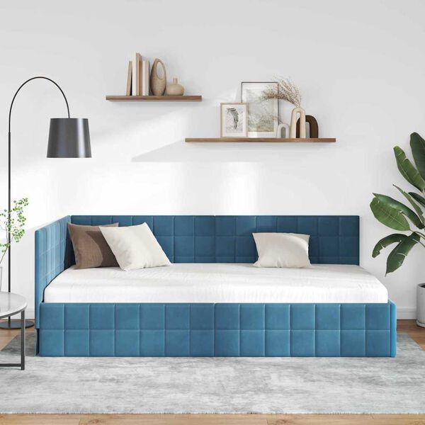 vidaXL Eckbettgestell mit Kopfteil Blau 90 cm x 190 cm Samt
