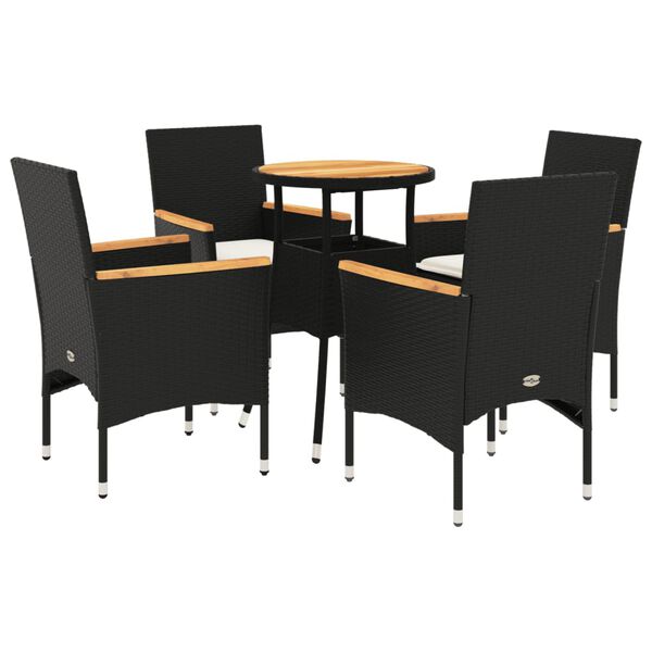 vidaXL 5-tlg. Garten-Essgruppe mit Kissen Schwarz Poly Rattan Akazie