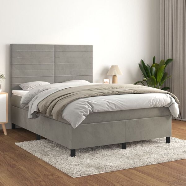 vidaXL Boxspringbett mit Matratze Hellgrau 140x200 cm Samt