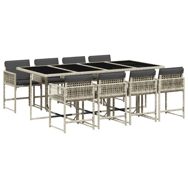 vidaXL 9-tlg. Garten-Essgruppe mit Kissen Hellgrau Poly Rattan