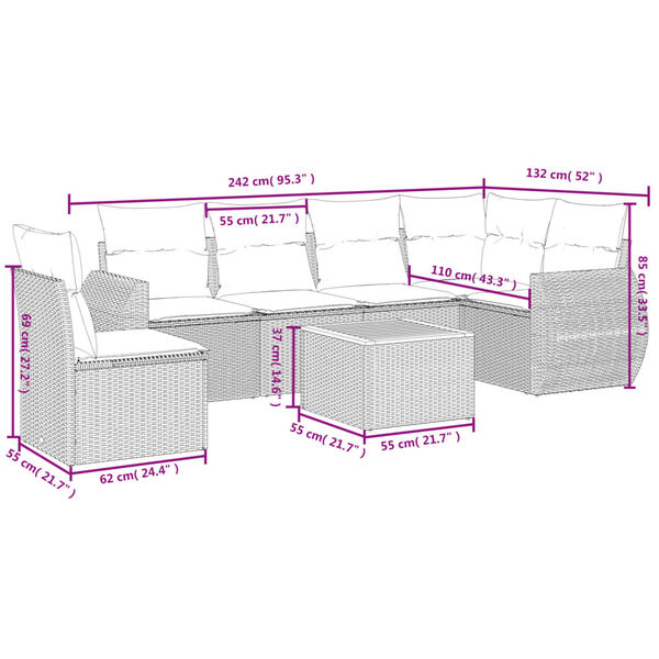 vidaXL 7-tlg. Garten-Sofagarnitur mit Kissen Beige Poly Rattan