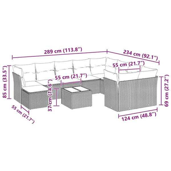 vidaXL 11-tlg. Garten-Sofagarnitur mit Kissen Hellgrau Poly Rattan