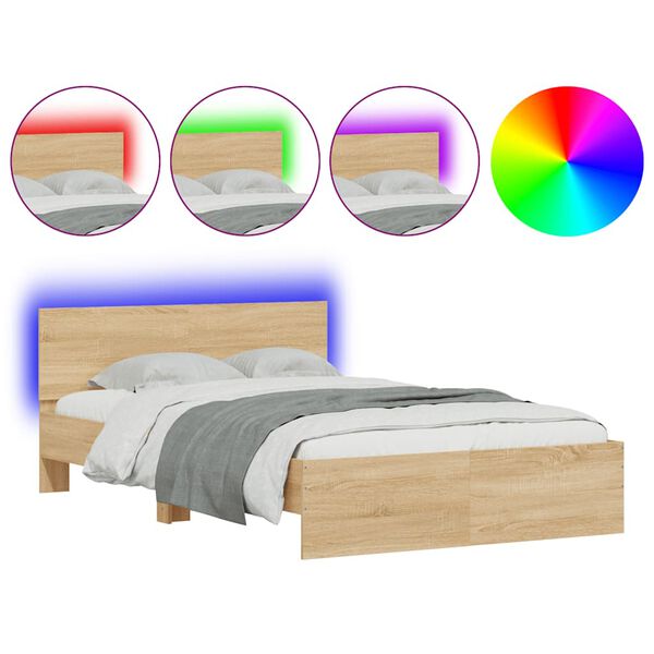 vidaXL Bettgestell mit Kopfteil LED-Beleuchtung Sonoma-Eiche 120x190cm
