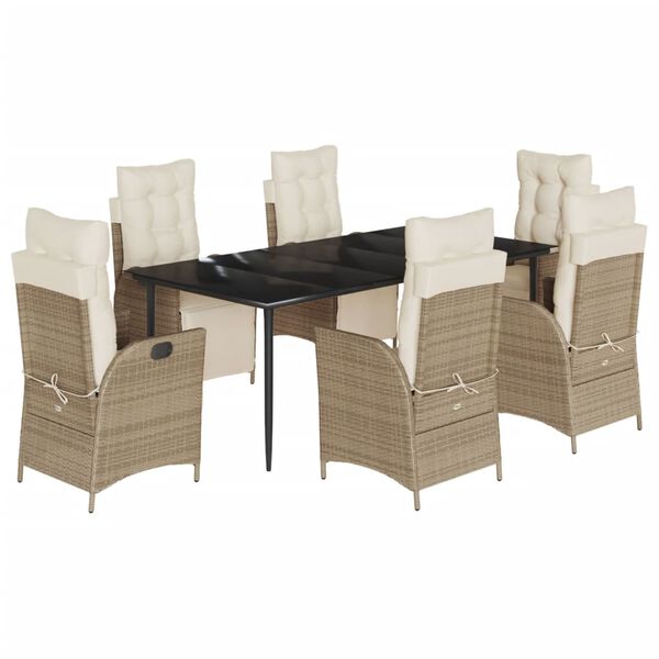 vidaXL 7-tlg. Garten-Essgruppe mit Kissen Beige Poly Rattan
