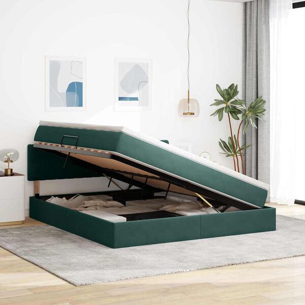 vidaXL Bett mit Stauraum und LED mit LED Dunkelgr&uuml;n 160 x 200 cm Samt