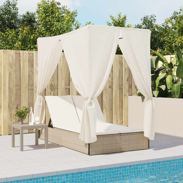 vidaXL Doppel-Sonnenliege mit Dach und Vorh&auml;ngen Beige Poly Rattan